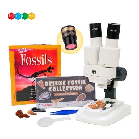 United Scope. AmScope 20X-50X Kid's Deluxe Stereo Microscope with Digital Camera, Fossil Kit, Dual-Illumination SE102LED-18FOS-FSL-TW-E